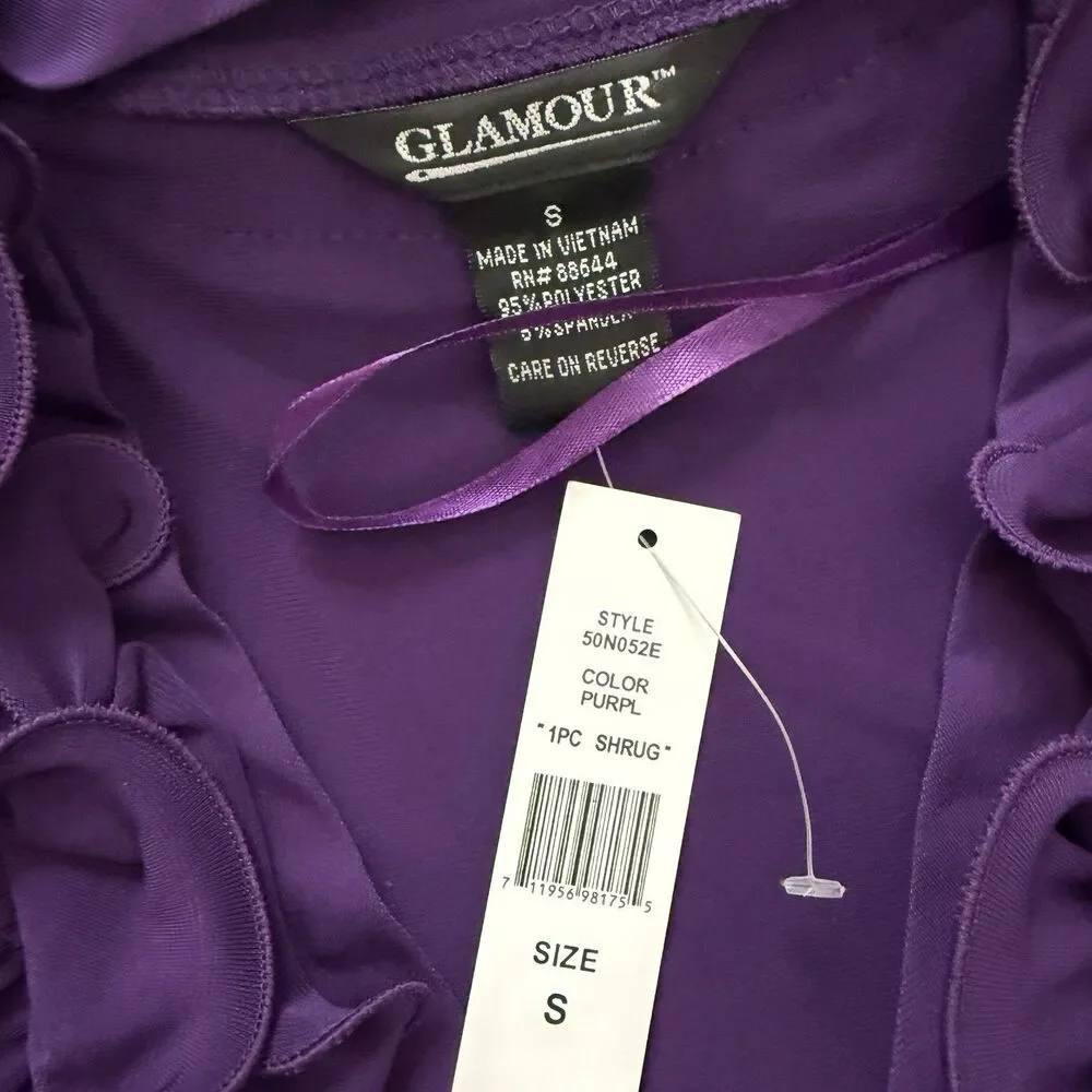 Glamour Purple Ruffle Trim Bolero Shrug Cropped Cardigan Jacket 3/4 Sleeve Sz S